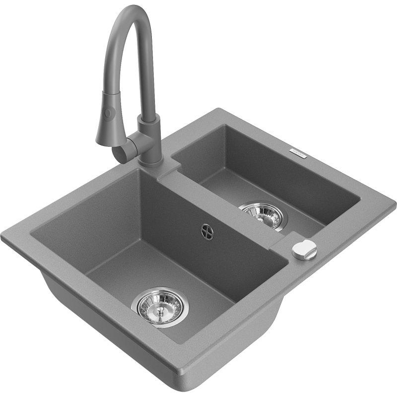 Mexen Carlos zlewozmywak granitowy 1,5-komorowy z baterią kuchenną Elia, szary - 6518-71-670101-71