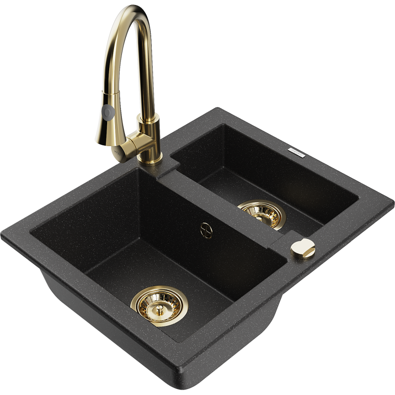 Mexen Carlos zlewozmywak granitowy 1,5-komorowy z baterią kuchenną Elia, czarny/srebrny metalik - 6518-73-670101-50