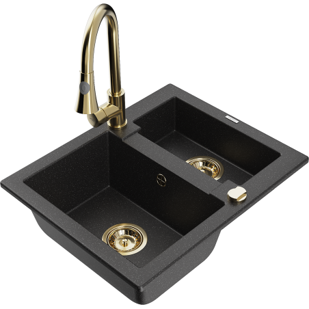 Mexen Carlos zlewozmywak granitowy 1,5-komorowy z baterią kuchenną Elia, czarny/srebrny metalik - 6518-73-670101-50