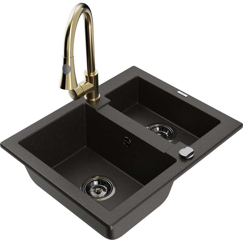 Mexen Carlos zlewozmywak granitowy 1,5-komorowy z baterią kuchenną Elia, czarny/złoty metalik - 6518-75-670101-50-B