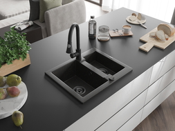 Mexen Carlos zlewozmywak granitowy 1,5-komorowy z baterią kuchenną Elia, czarny/złoty metalik - 6518-75-670101-70-B