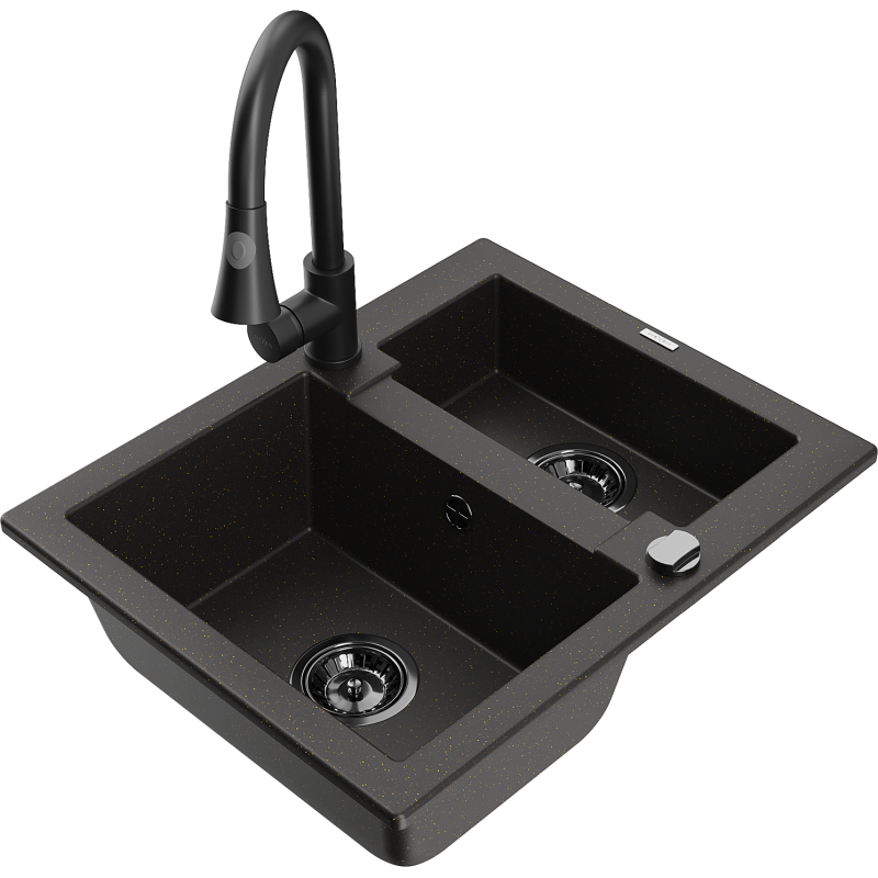 Mexen Carlos zlewozmywak granitowy 1,5-komorowy z baterią kuchenną Elia, czarny/złoty metalik - 6518-75-670101-70-B