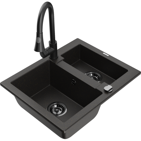 Mexen Carlos zlewozmywak granitowy 1,5-komorowy z baterią kuchenną Elia, czarny/złoty metalik - 6518-75-670101-70-B