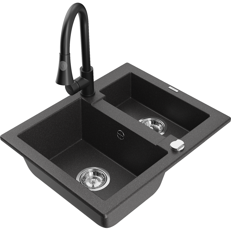 Mexen Carlos zlewozmywak granitowy 1,5-komorowy z baterią kuchenną Elia, czarny nakrapiany - 6518-76-670101-70