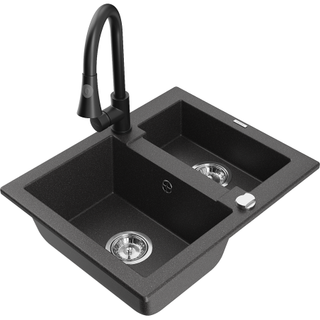 Mexen Carlos zlewozmywak granitowy 1,5-komorowy z baterią kuchenną Elia, czarny nakrapiany - 6518-76-670101-70