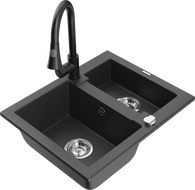 Mexen Carlos zlewozmywak granitowy 1,5-komorowy z baterią kuchenną Elia, czarny nakrapiany - 6518-76-670101-70