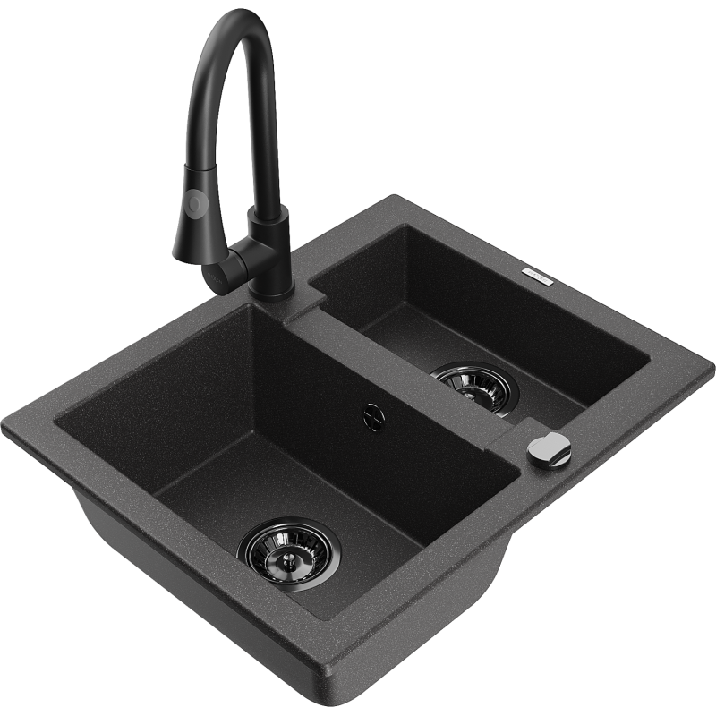 Mexen Carlos zlewozmywak granitowy 1,5-komorowy z baterią kuchenną Elia, czarny nakrapiany - 6518-76-670101-70-B