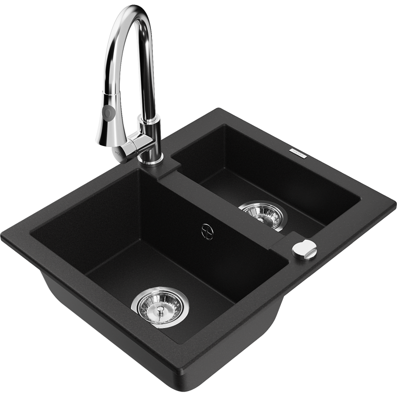 Mexen Carlos zlewozmywak granitowy 1,5-komorowy z baterią kuchenną Elia, czarny - 6518-77-670101-00