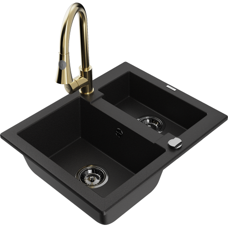 Mexen Carlos zlewozmywak granitowy 1,5-komorowy z baterią kuchenną Elia, czarny - 6518-77-670101-50-B