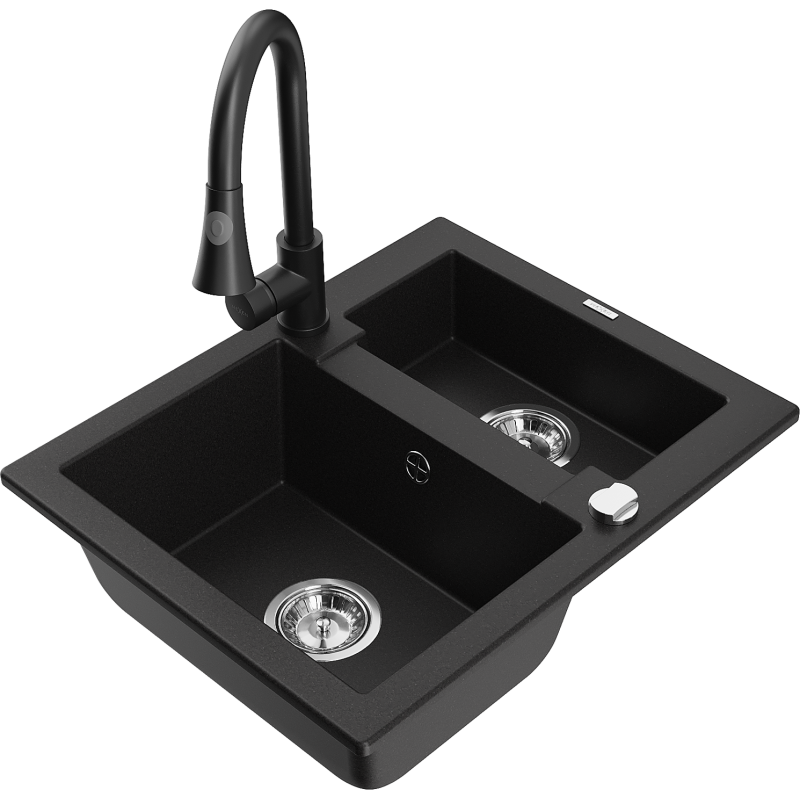 Mexen Carlos zlewozmywak granitowy 1,5-komorowy z baterią kuchenną Elia, czarny - 6518-77-670101-70