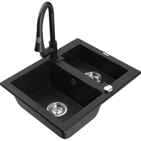Mexen Carlos zlewozmywak granitowy 1,5-komorowy z baterią kuchenną Elia, czarny - 6518-77-670101-70