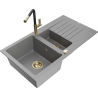 Mexen Matias zlewozmywak granitowy 1,5-komorowy z ociekaczem i baterią kuchenną Flora, szary - 6502-71-670401-57-G