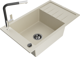 Mexen Elias zlewozmywak granitowy 1-komorowy z ociekaczem i baterią kuchenną Flora, beżowy - 6511-69-670401-07-B