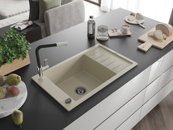 Mexen Elias zlewozmywak granitowy 1-komorowy z ociekaczem i baterią kuchenną Flora, beżowy - 6511-69-670401-07-B