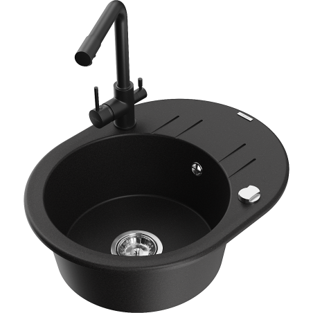 Mexen Kevin zlewozmywak granitowy 1-komorowy z ociekaczem i baterią kuchenną Duero, czarny - 6517-77-671600-70