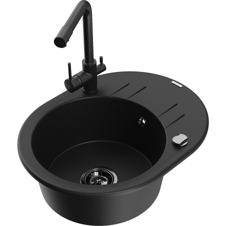 Mexen Kevin zlewozmywak granitowy 1-komorowy z ociekaczem i baterią kuchenną Duero, czarny - 6517-77-671600-70-B