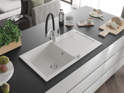 Mexen Leo zlewozmywak granitowy 1-komorowy z ociekaczem i baterią kuchenną Duo, biały - 6501-20-671701-07