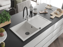 Mexen Leo zlewozmywak granitowy 1-komorowy z ociekaczem i baterią kuchenną Duo, biały - 6501-20-671701-07-B