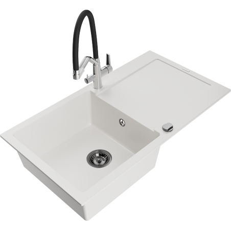 Mexen Leo zlewozmywak granitowy 1-komorowy z ociekaczem i baterią kuchenną Duo, biały - 6501-20-671701-07-B