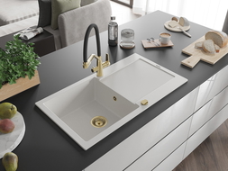 Mexen Leo zlewozmywak granitowy 1-komorowy z ociekaczem i baterią kuchenną Duo, biały - 6501-20-671701-57-G