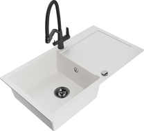 Mexen Leo zlewozmywak granitowy 1-komorowy z ociekaczem i baterią kuchenną Duo, biały - 6501-20-671701-70-B