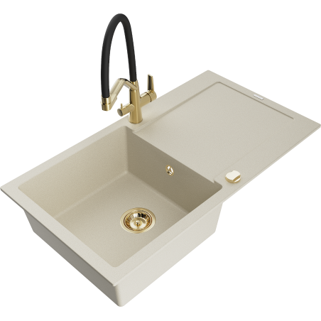 Mexen Leo zlewozmywak granitowy 1-komorowy z ociekaczem i baterią kuchenną Duo, beżowy - 6501-69-671701-57-G