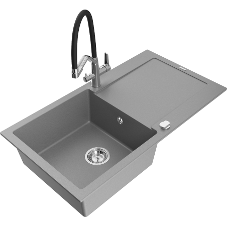 Mexen Leo zlewozmywak granitowy 1-komorowy z ociekaczem i baterią kuchenną Duo, szary - 6501-71-671701-07