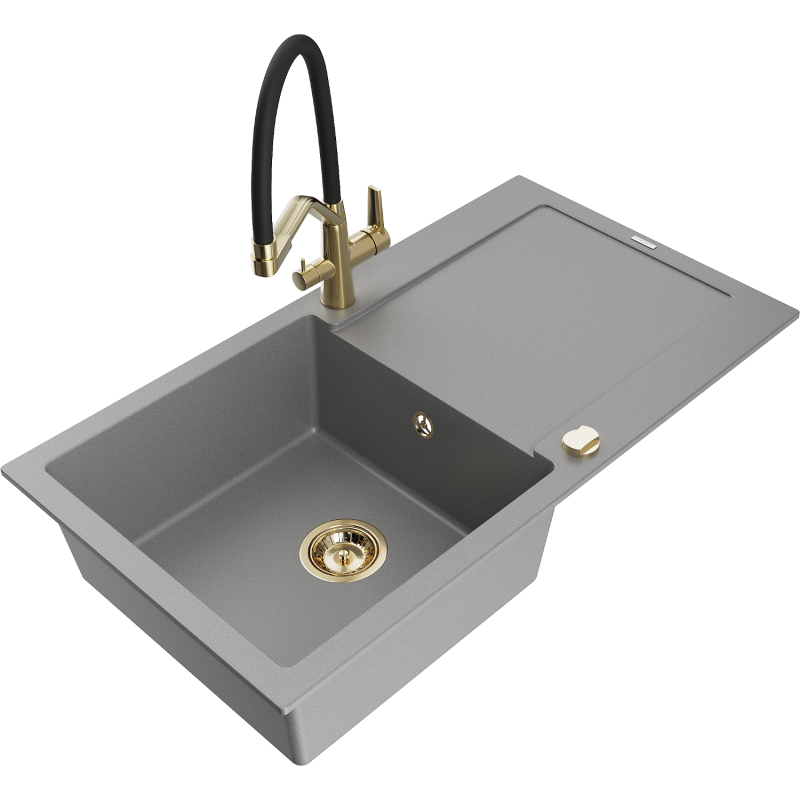 Mexen Leo zlewozmywak granitowy 1-komorowy z ociekaczem i baterią kuchenną Duo, szary - 6501-71-671701-57-G