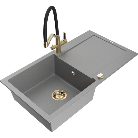 Mexen Leo zlewozmywak granitowy 1-komorowy z ociekaczem i baterią kuchenną Duo, szary - 6501-71-671701-57-G