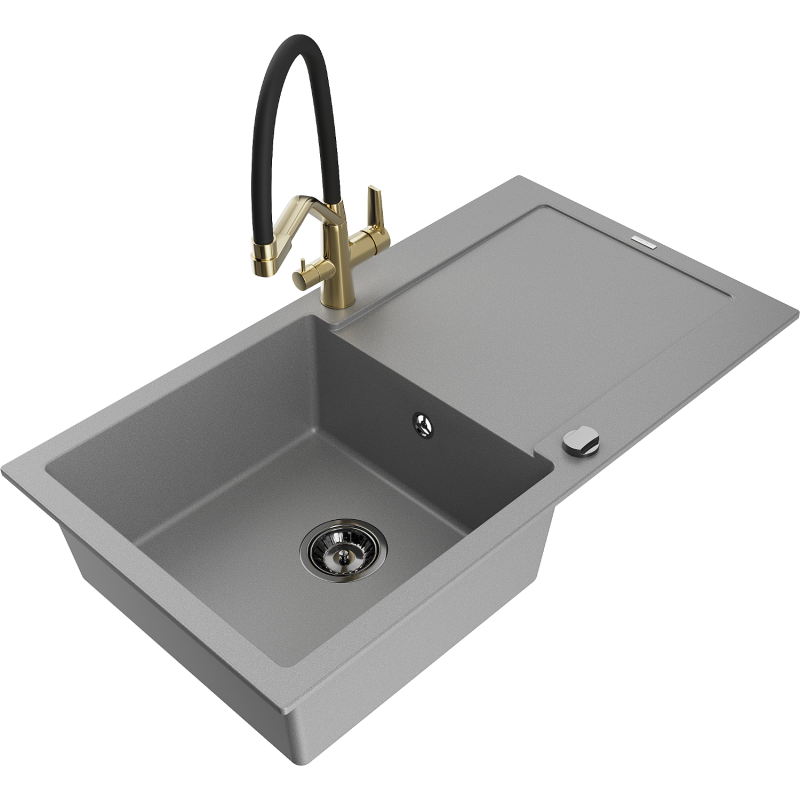 Mexen Leo zlewozmywak granitowy 1-komorowy z ociekaczem i baterią kuchenną Duo, szary - 6501-71-671701-57-B