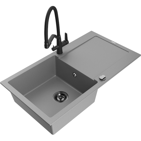 Mexen Leo zlewozmywak granitowy 1-komorowy z ociekaczem i baterią kuchenną Duo, szary - 6501-71-671701-70-B