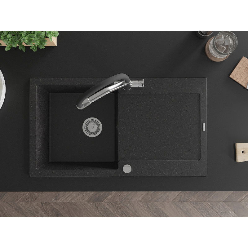 Mexen Leo zlewozmywak granitowy 1-komorowy z ociekaczem i baterią kuchenną Duo, czarny/srebrny metalik - 6501-73-671701-07