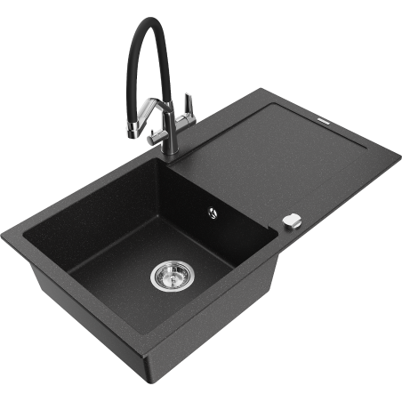 Mexen Leo zlewozmywak granitowy 1-komorowy z ociekaczem i baterią kuchenną Duo, czarny/srebrny metalik - 6501-73-671701-07