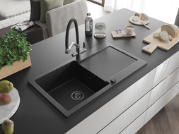 Mexen Leo zlewozmywak granitowy 1-komorowy z ociekaczem i baterią kuchenną Duo, czarny/srebrny metalik - 6501-73-671701-07-B