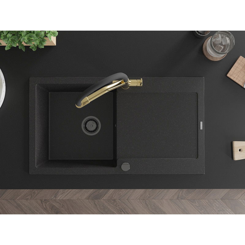 Mexen Leo zlewozmywak granitowy 1-komorowy z ociekaczem i baterią kuchenną Duo, czarny/srebrny metalik - 6501-73-671701-57-B
