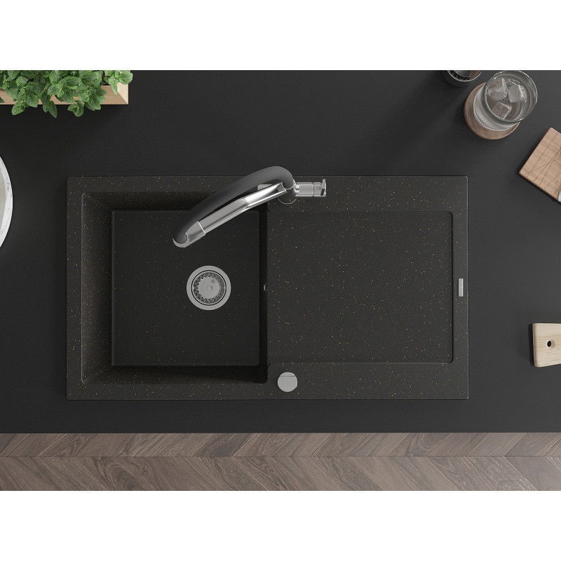 Mexen Leo zlewozmywak granitowy 1-komorowy z ociekaczem i baterią kuchenną Duo, czarny/złoty metalik - 6501-75-671701-07