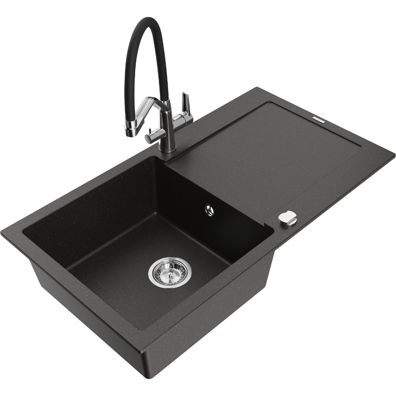 Mexen Leo zlewozmywak granitowy 1-komorowy z ociekaczem i baterią kuchenną Duo, czarny/złoty metalik - 6501-75-671701-07