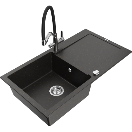 Mexen Leo zlewozmywak granitowy 1-komorowy z ociekaczem i baterią kuchenną Duo, czarny/złoty metalik - 6501-75-671701-07