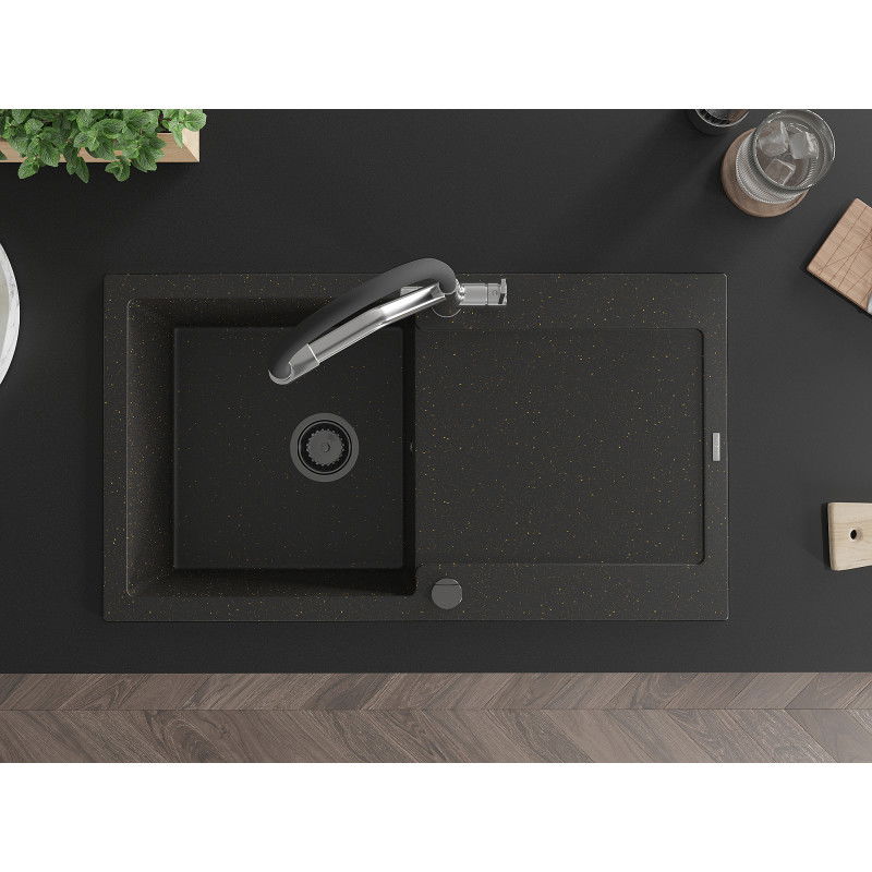Mexen Leo zlewozmywak granitowy 1-komorowy z ociekaczem i baterią kuchenną Duo, czarny/złoty metalik - 6501-75-671701-07-B