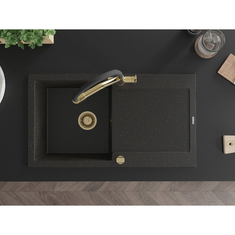 Mexen Leo zlewozmywak granitowy 1-komorowy z ociekaczem i baterią kuchenną Duo, czarny/złoty metalik - 6501-75-671701-57-G