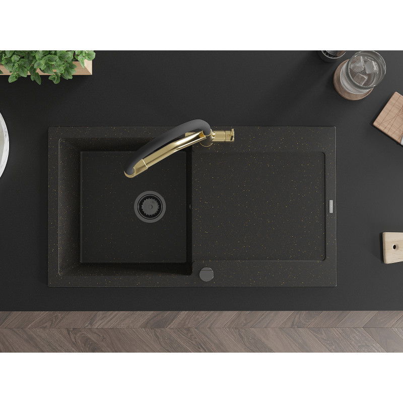 Mexen Leo zlewozmywak granitowy 1-komorowy z ociekaczem i baterią kuchenną Duo, czarny/złoty metalik - 6501-75-671701-57-B