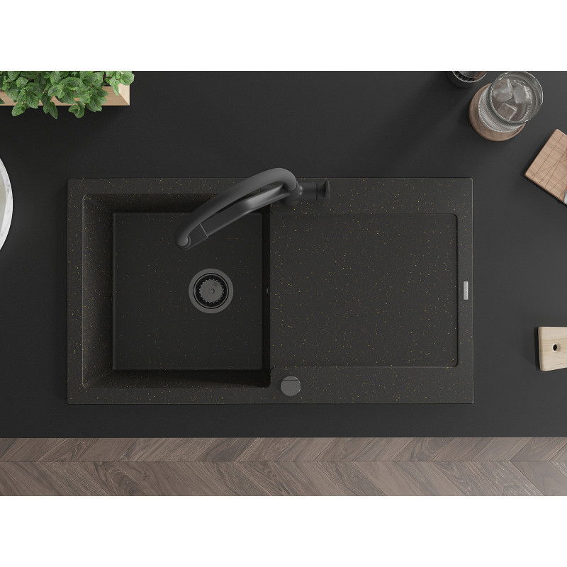 Mexen Leo zlewozmywak granitowy 1-komorowy z ociekaczem i baterią kuchenną Duo, czarny/złoty metalik - 6501-75-671701-70-B