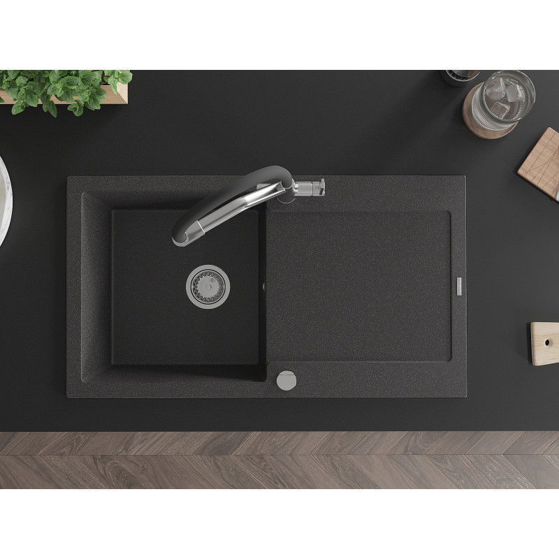 Mexen Leo zlewozmywak granitowy 1-komorowy z ociekaczem i baterią kuchenną Duo, czarny nakrapiany - 6501-76-671701-07