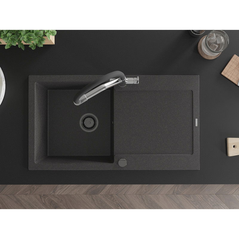 Mexen Leo zlewozmywak granitowy 1-komorowy z ociekaczem i baterią kuchenną Duo, czarny nakrapiany - 6501-76-671701-07-B