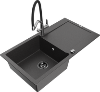 Mexen Leo zlewozmywak granitowy 1-komorowy z ociekaczem i baterią kuchenną Duo, czarny nakrapiany - 6501-76-671701-07-B
