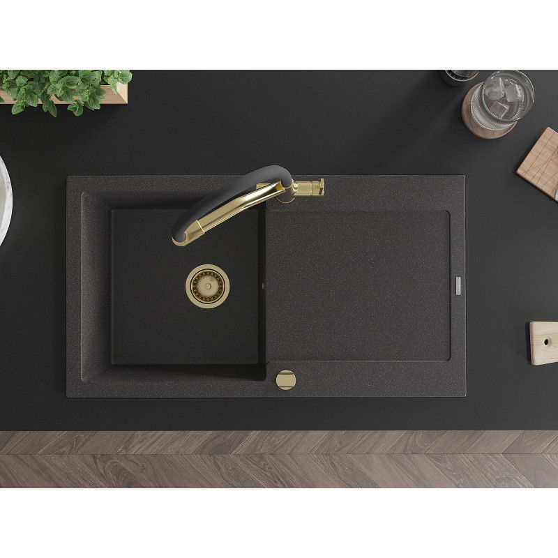 Mexen Leo zlewozmywak granitowy 1-komorowy z ociekaczem i baterią kuchenną Duo, czarny nakrapiany - 6501-76-671701-57-G