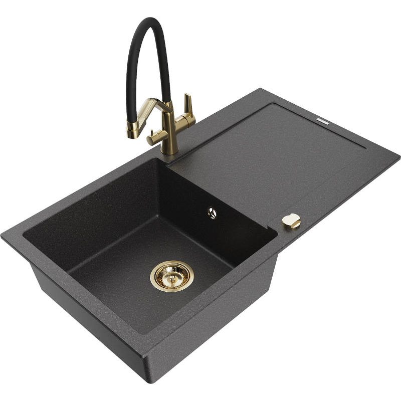 Mexen Leo zlewozmywak granitowy 1-komorowy z ociekaczem i baterią kuchenną Duo, czarny nakrapiany - 6501-76-671701-57-G