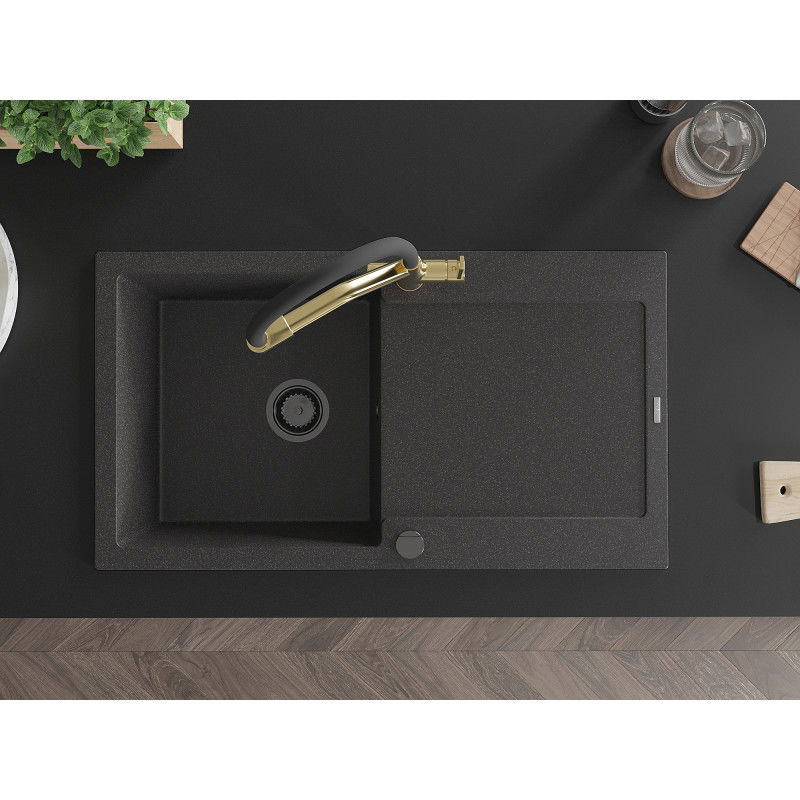 Mexen Leo zlewozmywak granitowy 1-komorowy z ociekaczem i baterią kuchenną Duo, czarny nakrapiany - 6501-76-671701-57-B