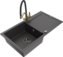 Mexen Leo zlewozmywak granitowy 1-komorowy z ociekaczem i baterią kuchenną Duo, czarny nakrapiany - 6501-76-671701-57-B