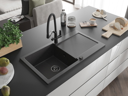 Mexen Leo zlewozmywak granitowy 1-komorowy z ociekaczem i baterią kuchenną Duo, czarny nakrapiany - 6501-76-671701-70-B